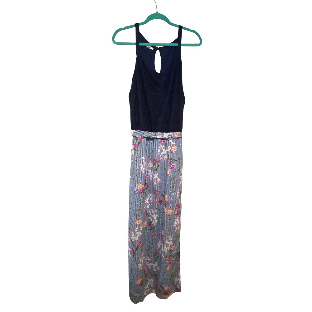 Maurices Navy Blue Lace Floral Striped Maxi Dress Keyhole Back Sleeveless Size 3